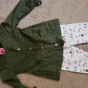 Forest green top and pants with owls